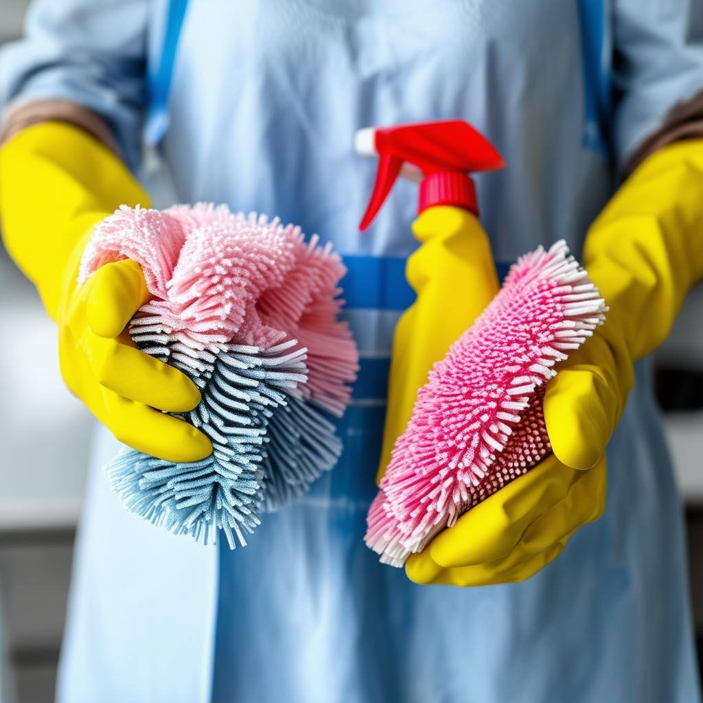 Hands in Protective Gloves Holding Cleaning Tools